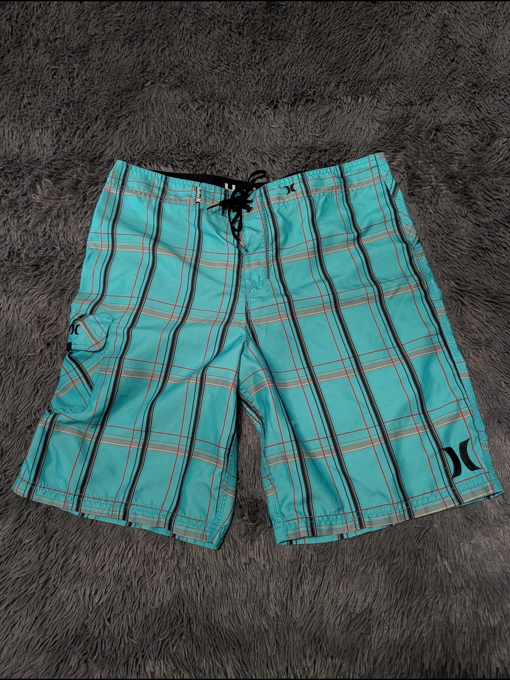 Sz 36 Men's Hurley Teal Plaid Swim Boardshorts EUC